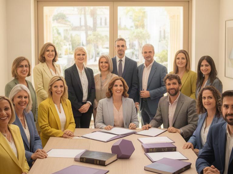 Equipo jurídico reunido en un despacho luminoso de Marbella junto a documentos y libros legales